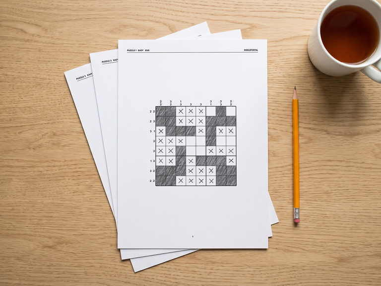 A printed easy 8x8 nonogram, partly solved, on a stack of pages