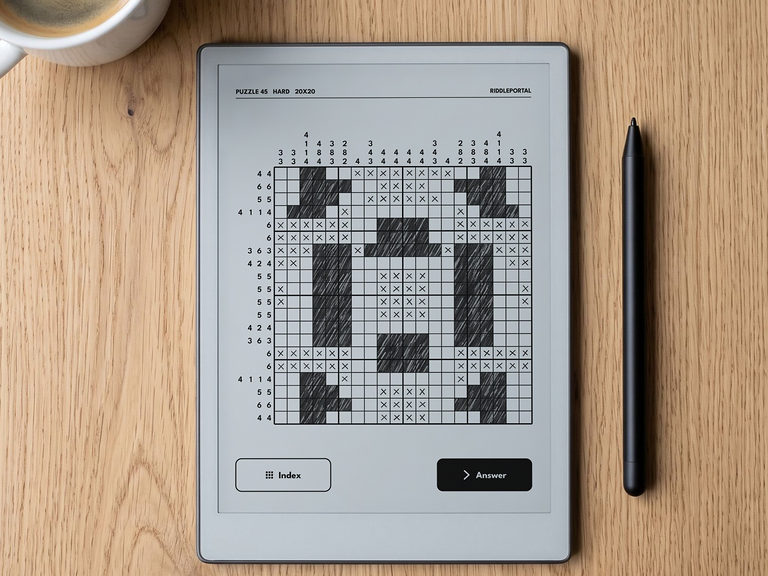 A hard 20x20 nonogram on an e-ink tablet