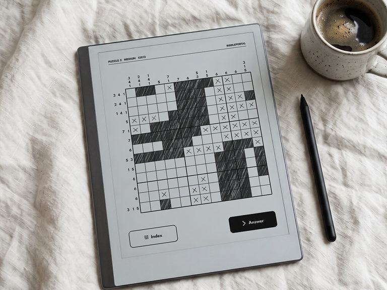 A medium 13x13 nonogram on an e-ink tablet