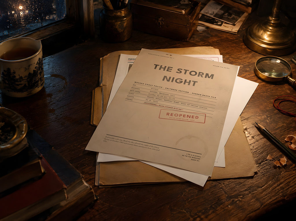 The Storm Night case file on a desk beside a cup of tea and a magnifying glass