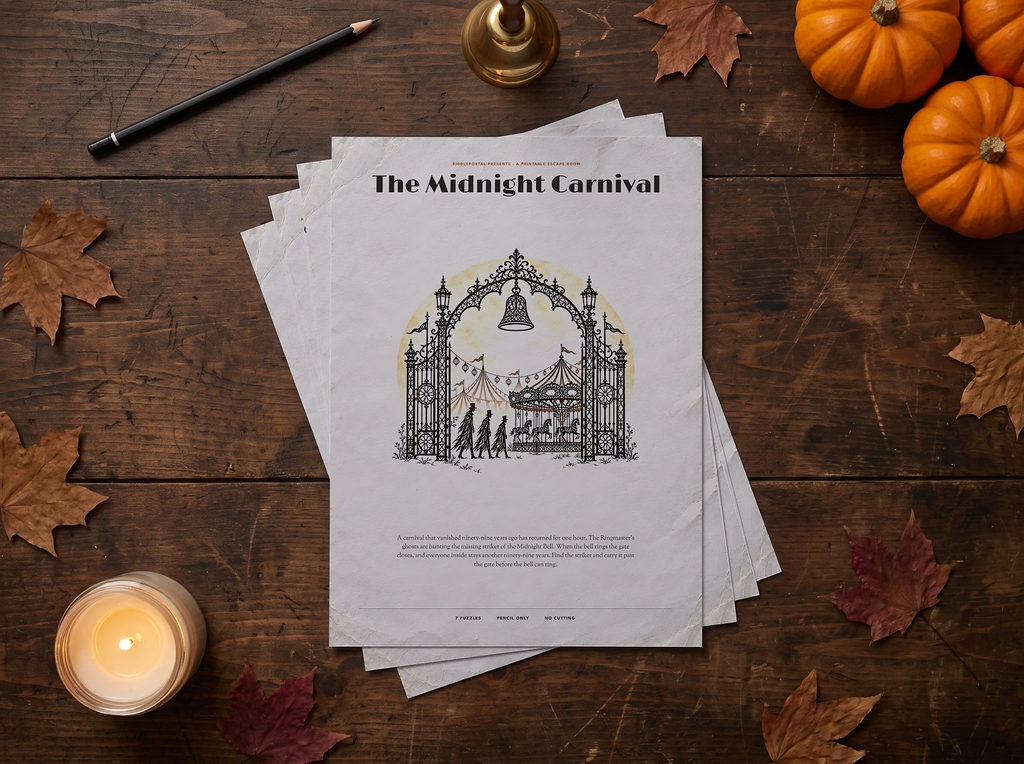 The printed case file stacked on a wooden table, with a candle, a pencil and small pumpkins