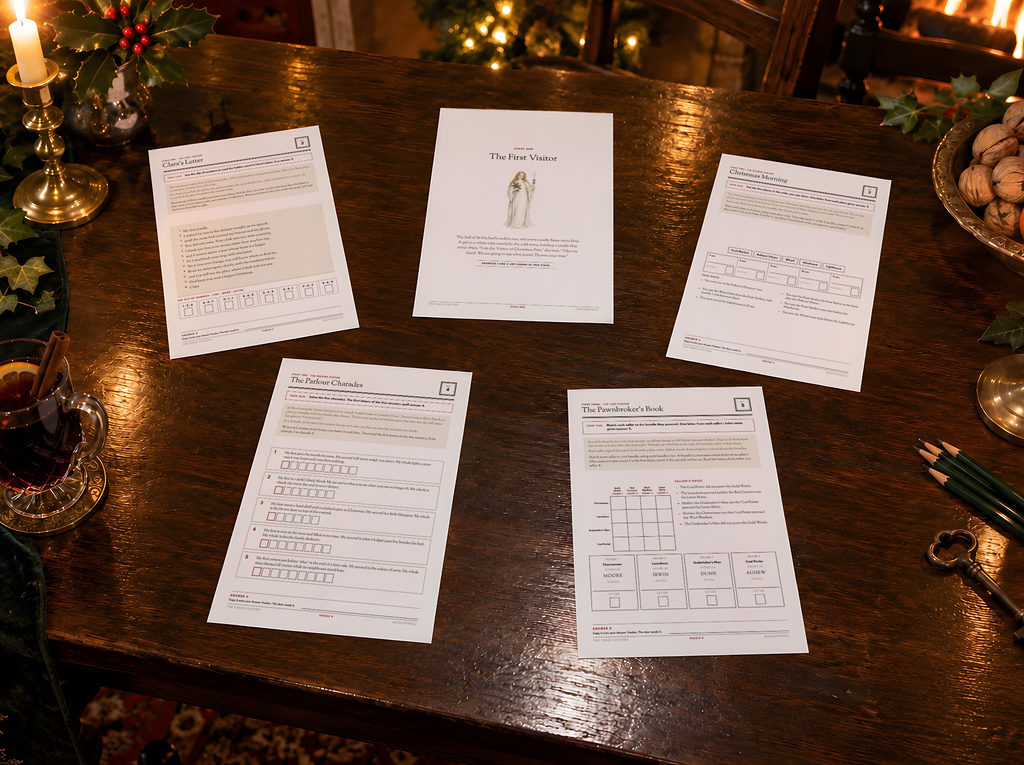 Five pages of the game on a candlelit table: Clara's letter, the First Visitor's page, Christmas Morning, the parlour charades and the pawnbroker's book